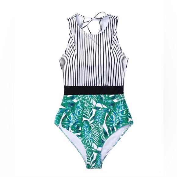 Cupshe Women's Black Striped Leafy One Piece Swimsuit Size Large - Picture 3 of 6